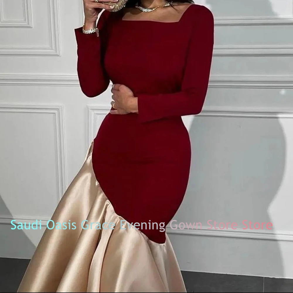 Graceful and Fashion A-Line Square Neck Long Sleeves Evening Dress Ruffles Ankle Length Celebrity Gowns  Saudi Arabia 2024