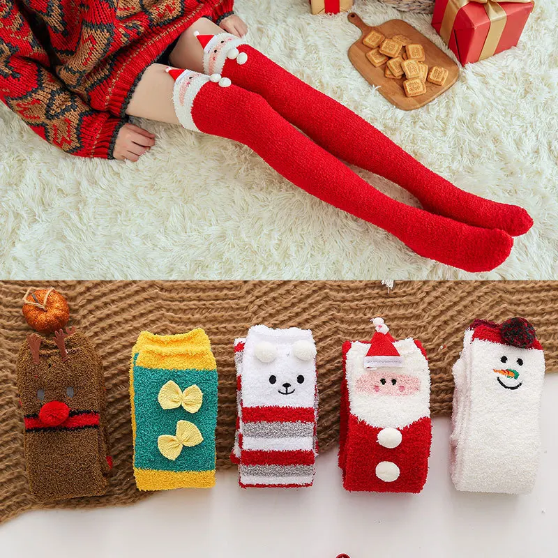 Women's Coral Fleece Thigh High Stockings Cute Christmas Socks Long Warm Over The Knee Socks Girls Cozy Plush Sleep Socks Winter