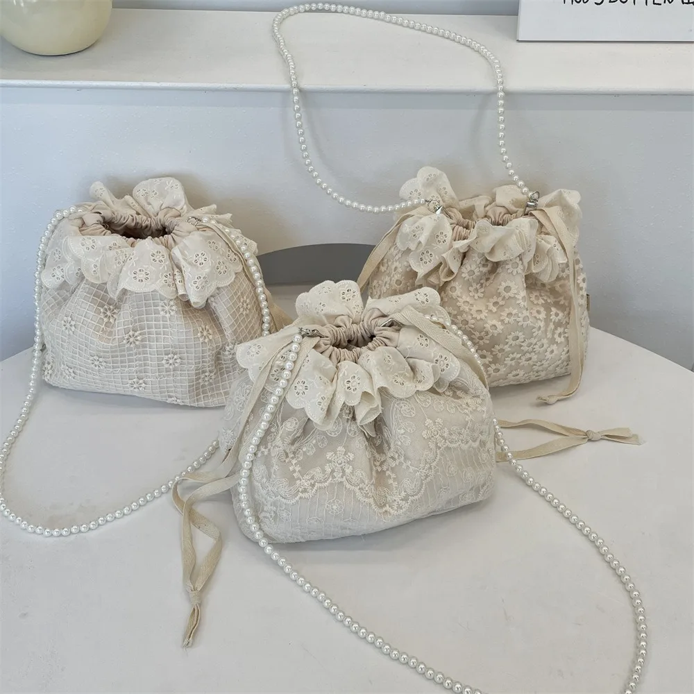 

Korean Style Drawstring Lace Flower Bag Printing Pearls Chain Bundle Pocket Beige Portable Bundle Bucket Handbag Shopping