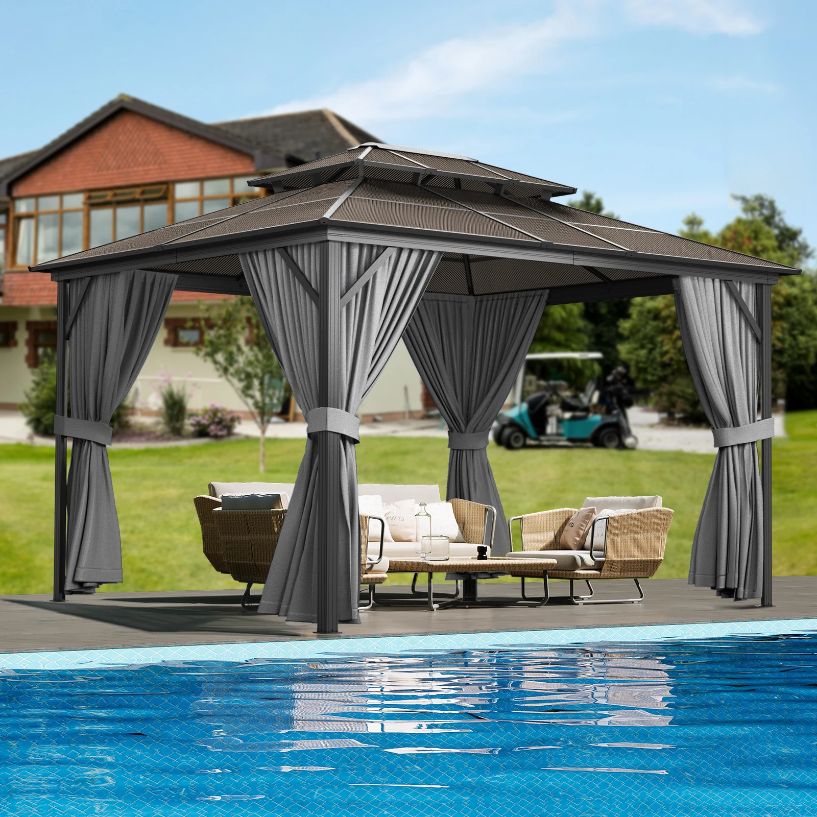 Hardtop Gazebo 10'x13',Double Polycarbonate Sheets Roof,Aluminum Alloy Frame,Net,and Curtain,for Patio Backyard Garden