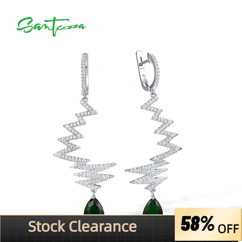 SANTUZZA 925 Sterling Silver Long Drop Earrings For Women Sparkling Green Glass White CZ Wave Shape Unique Fine Chic Jewelry