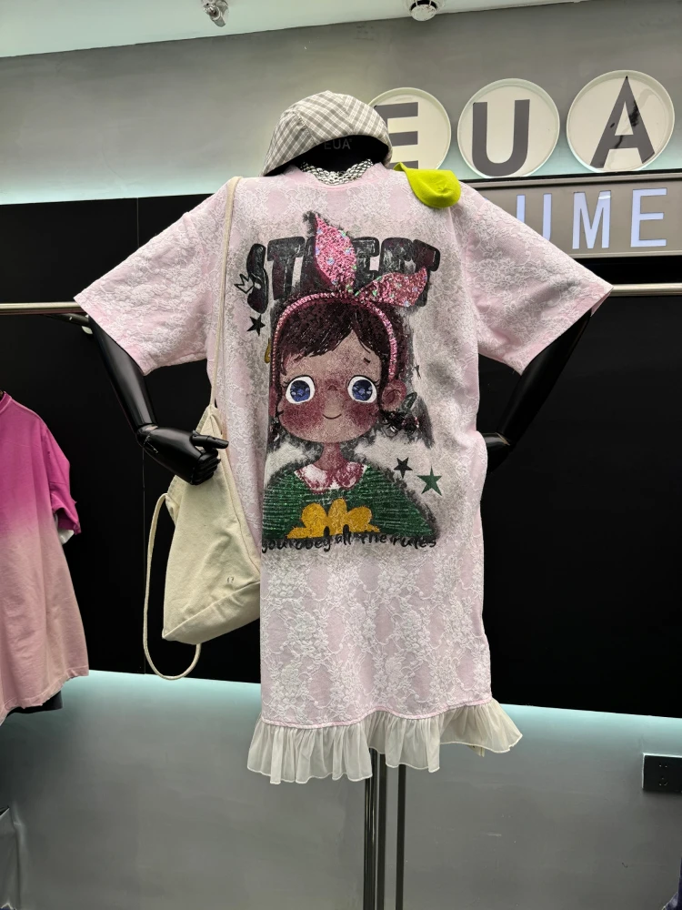 Zomer losse mode en dunne jurken modeontwerp met korte mouwen kant splitsen afdrukken T-shirt jurk blauwe kleur lange vestidos