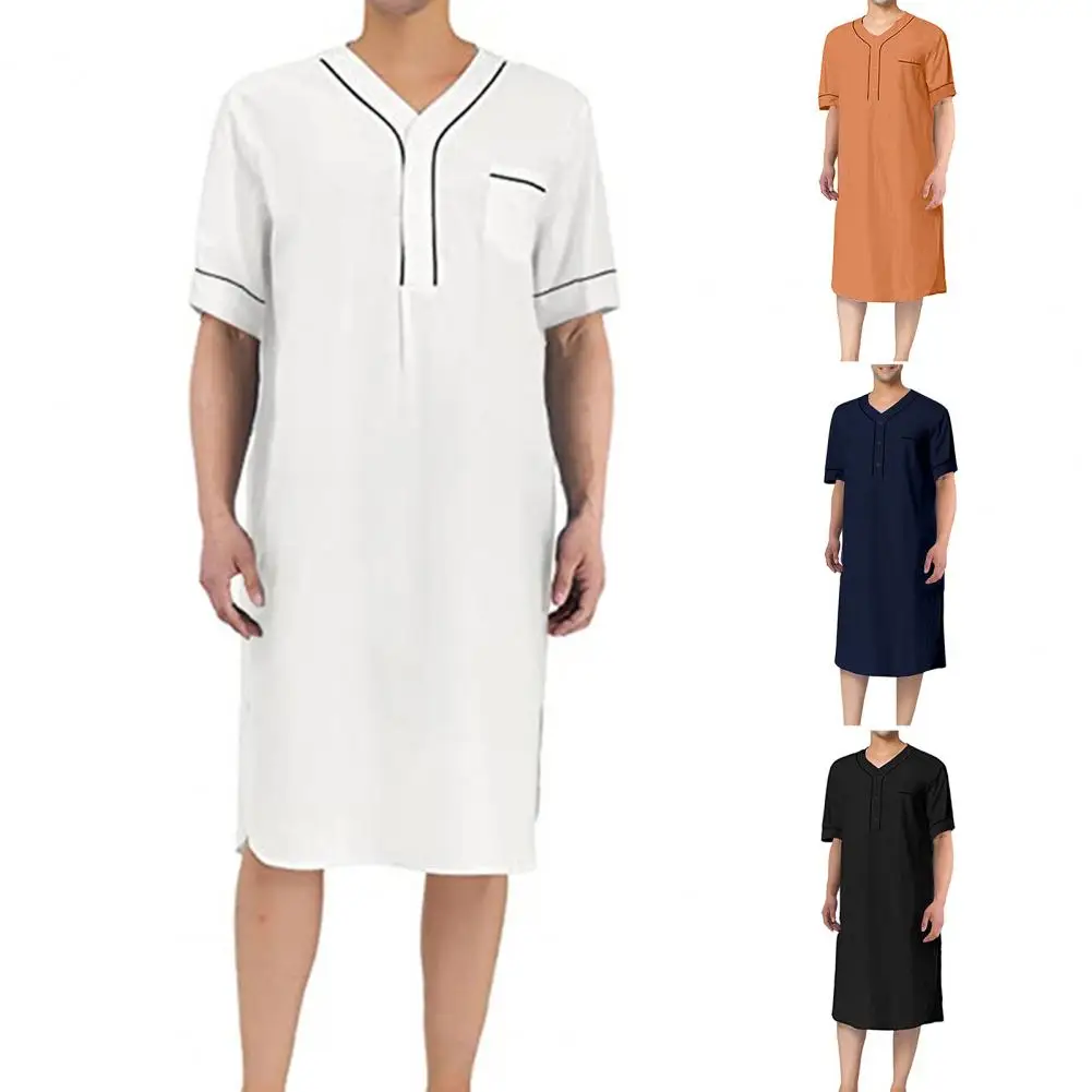 Men Nightgown Comfortable Men\'s V-neck Nightgown with Patch Pocket Solid Color Mid-calf Length Sleep Robe for Leisure Home Wear