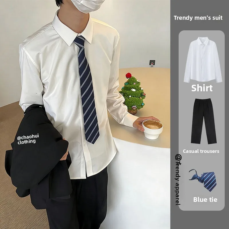 Casual Long Sleeve Men's Shirt DK White College Style Uniform Set Polyester Fiber Youth Trend Autumn City Walk Fashion