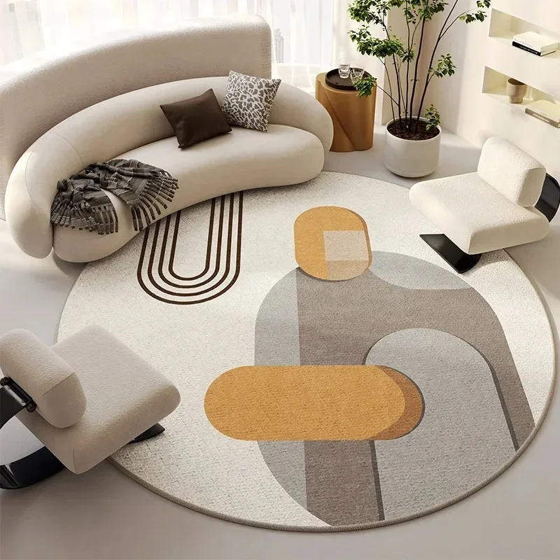 Mid Century Modern Color Block Circular Area Rug  Warm Earth Tone Curved Shape Print Anti Slip Round Doormat Minimalist Home Rug