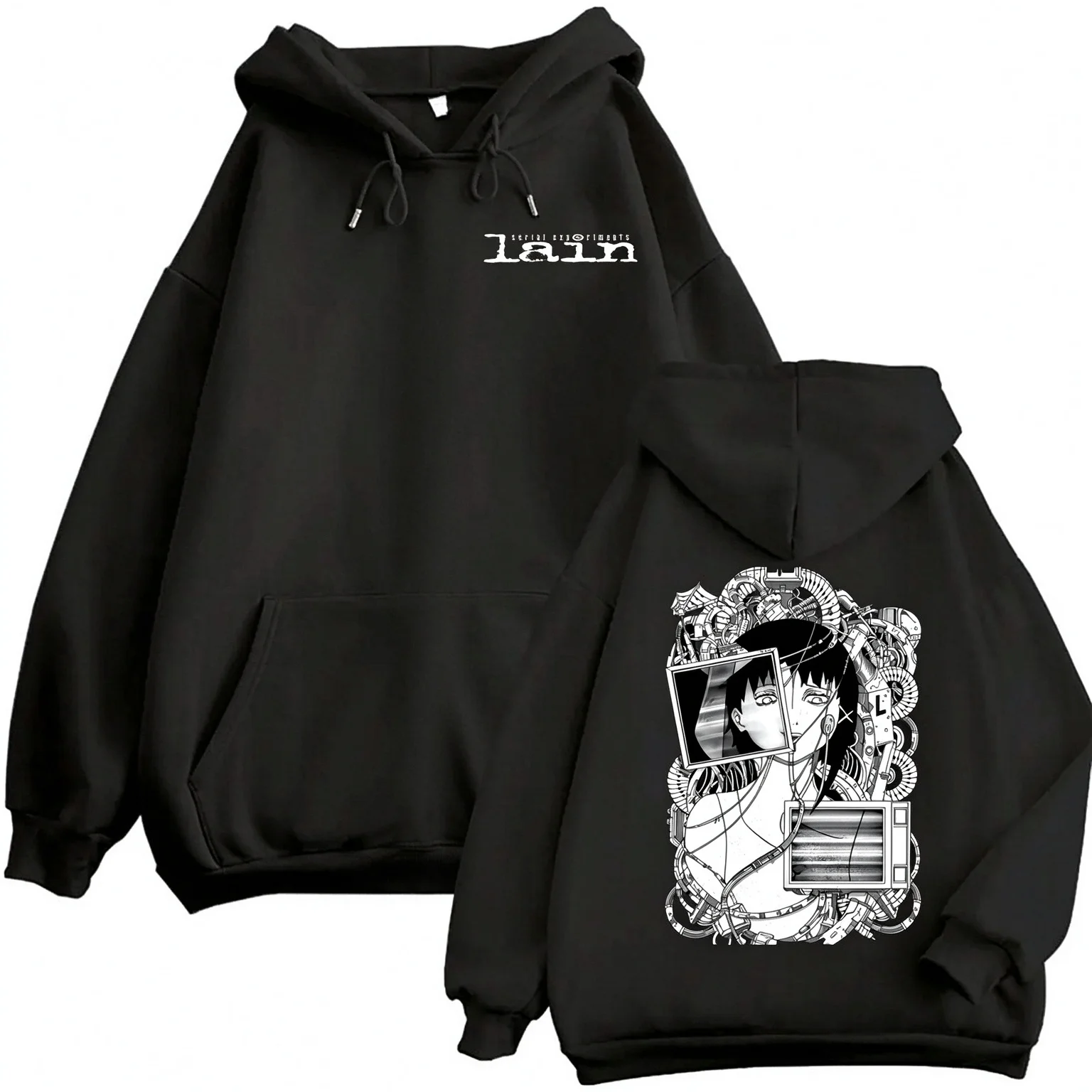Serial Experiments Lain Hoodie Iwakura Lain Anime Print Pullover Unisex Casual Streetwear Fleece Hooded Sweatshirt Loose Tops