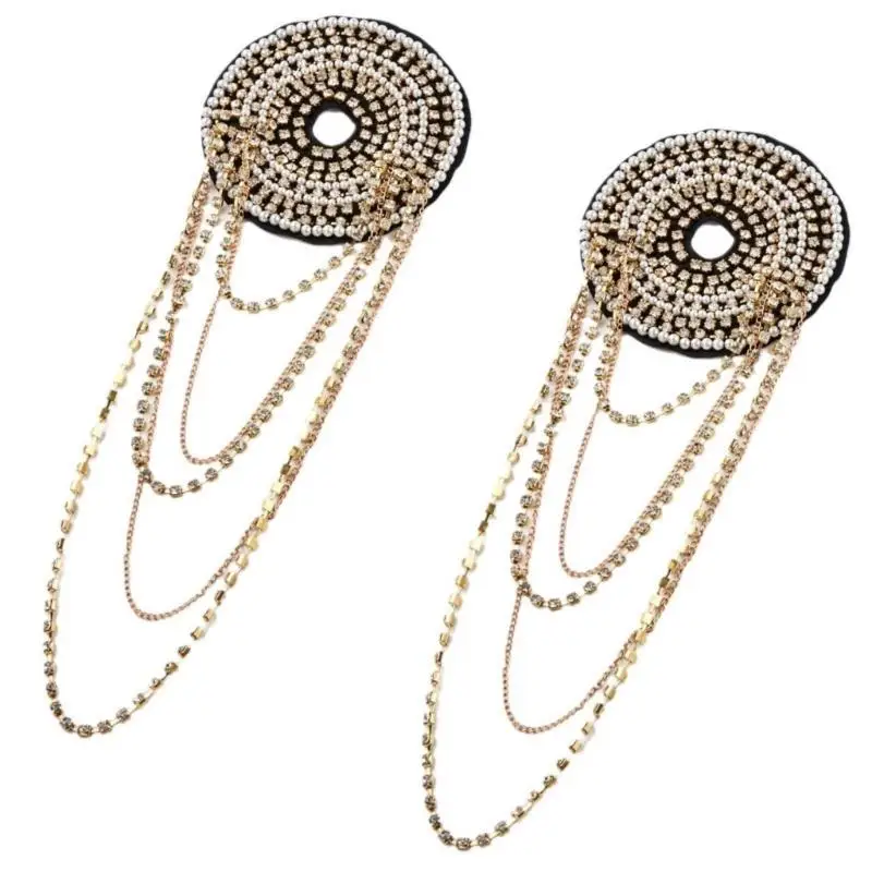 

652F Punk Fringed Epaulettes Uniform Accessories Pearls Tassels Epaulettes Applique Fringed Badge for Suits Evening Dress