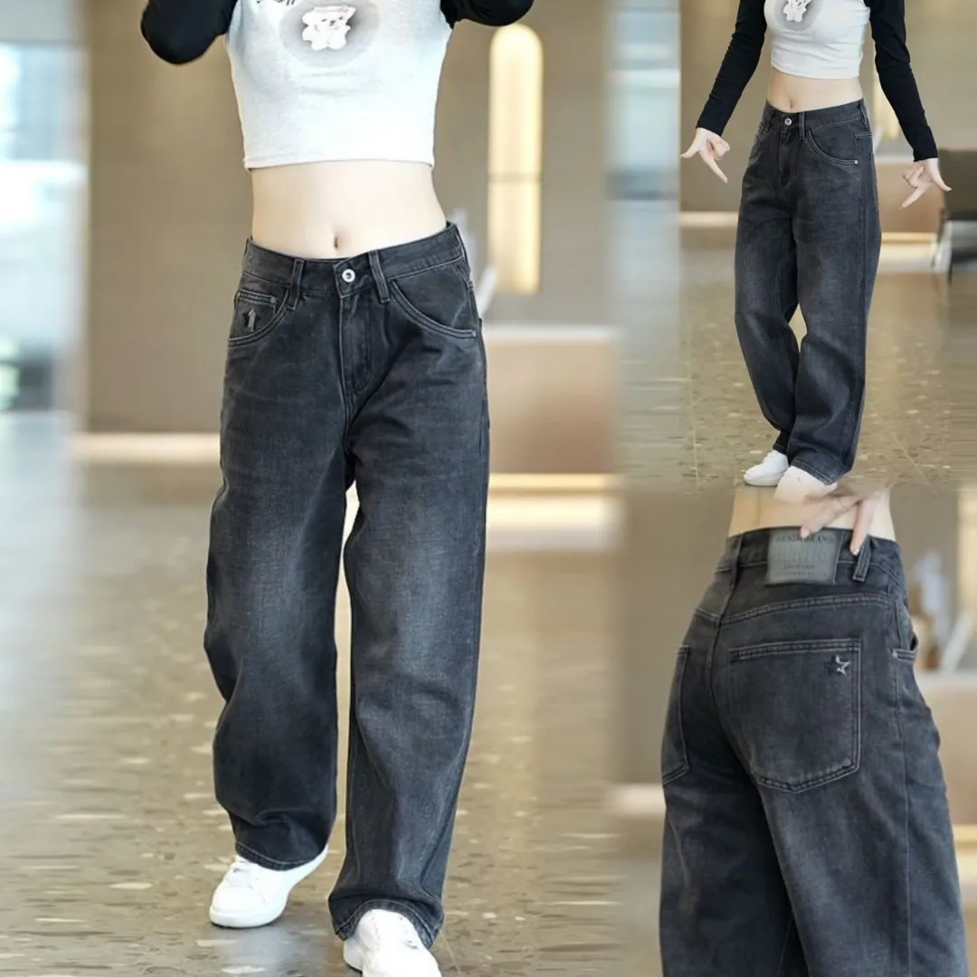 

Retro American Washed Denim Jeans Men's Spring Autumn Loose Fit Fleece Lined Straight Leg Pants Simple Versatile Fashion Urba...