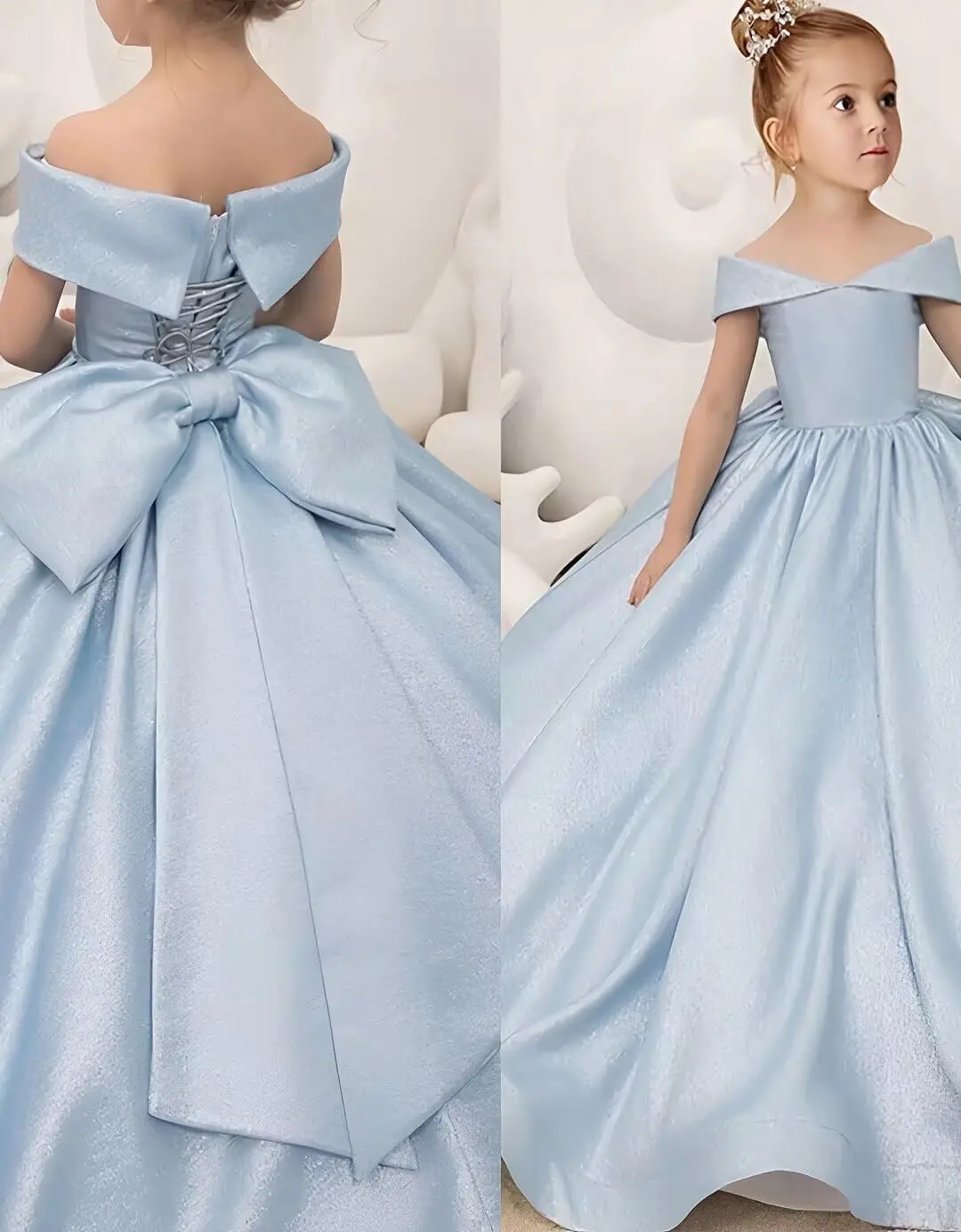 فساتين فتاة الزهور الساتان فستان طويل للمهرجانات على شكل حرف A بدون أكتاف لحفلات أعياد ميلاد الأميرة مع عقدة على شكل فيونكة للفتيات