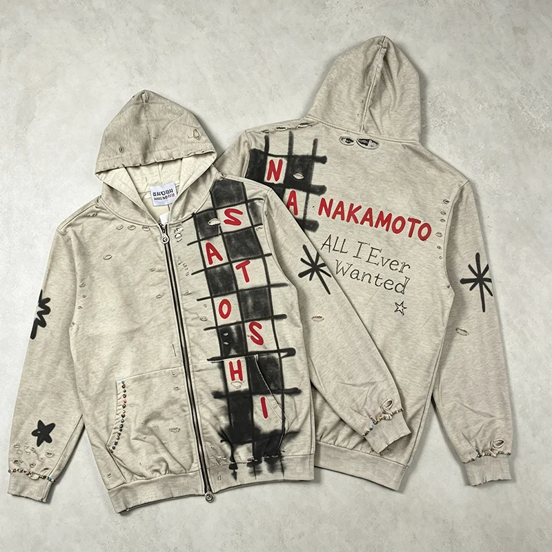 New Arrival SATOSHI NAKAMOTO Unisex Zip Hoodie Checkered Graffiti Star Rhinestone Oversized Hip‑Hop Jacket