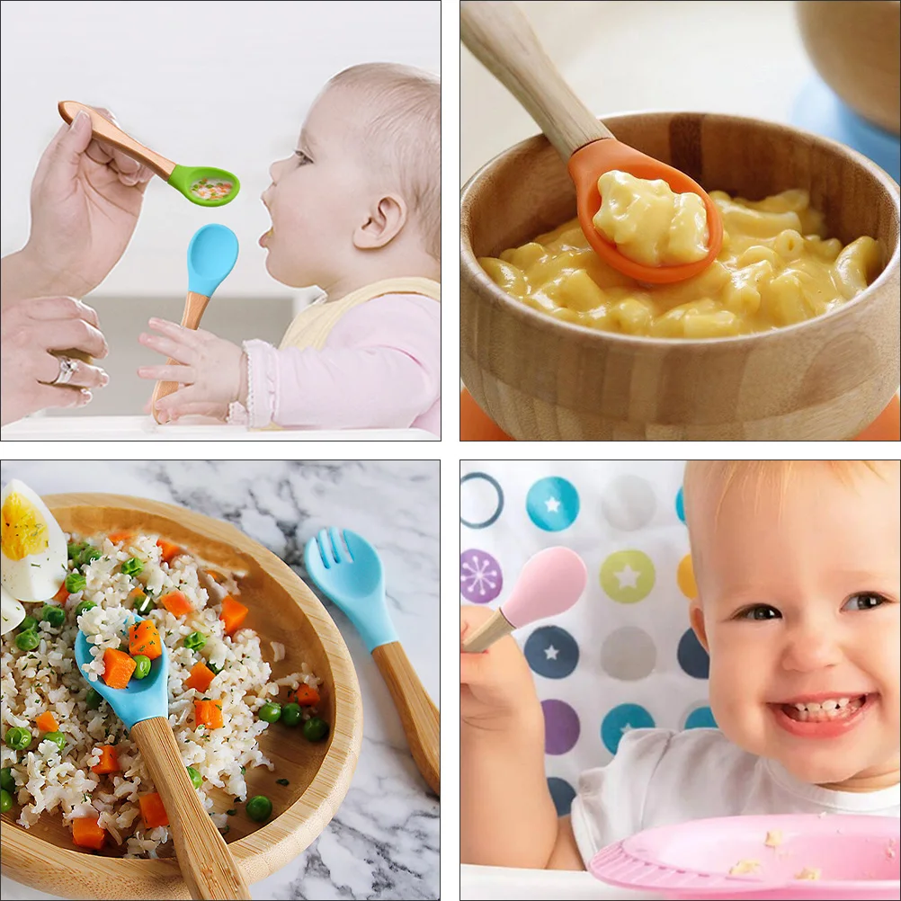 

6 pcs Silicone Feeding Spoons For Babies Training Practical Rice Heat Resistant Meal Easy Grip Wooden Handle Safe