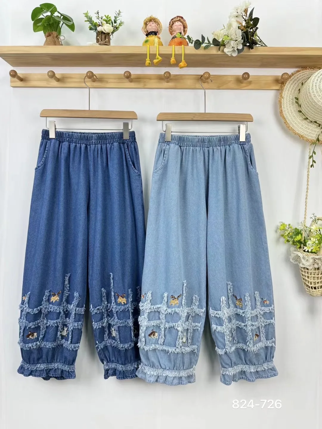 Summer Preppy Style Patchwork Denim Pants Women Elastic Waist Casual Pants