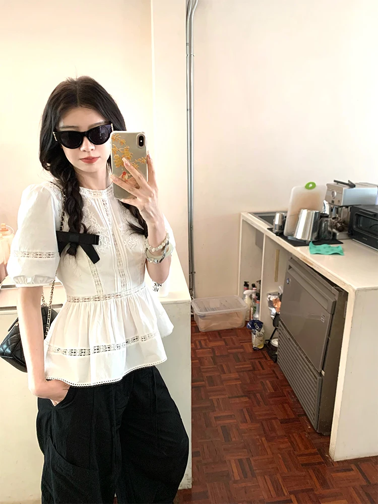 

Женская блузка Ele с вышивкой и кружевом, белая, из хлопковой смеси, дышащая, комфортная, оригинальный дизайн, летняя