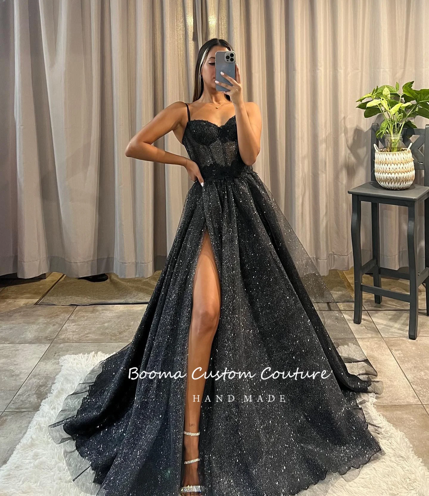 Booma Black Glitter Tulle A-Line Prom Dresses Sweetheart Spaghetti Straps High Slit Evening Party Gowns Formal Event Dresses