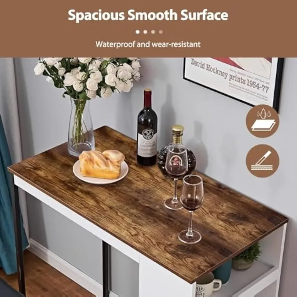 3 Piece Dining Table Set, Kitchen Bar Table with Two Stool Storage Shelves, Wood Counter Height Table Top with Sew Kerf Finish