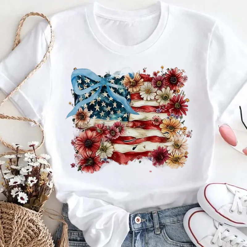 

Street Cartoon Watercolor Flower Pattern White Short Sleeve Summer New Round Neck Fashion Trend Regular 90s Top Popular T-Shirt