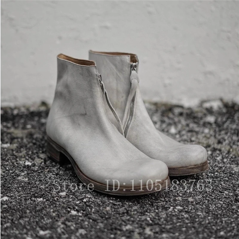 

Diagonal Zipper Soft Leather Men Ankle Designer New Fashion Black Grey White Round Toe Thick Heel Short Chelsea Boots