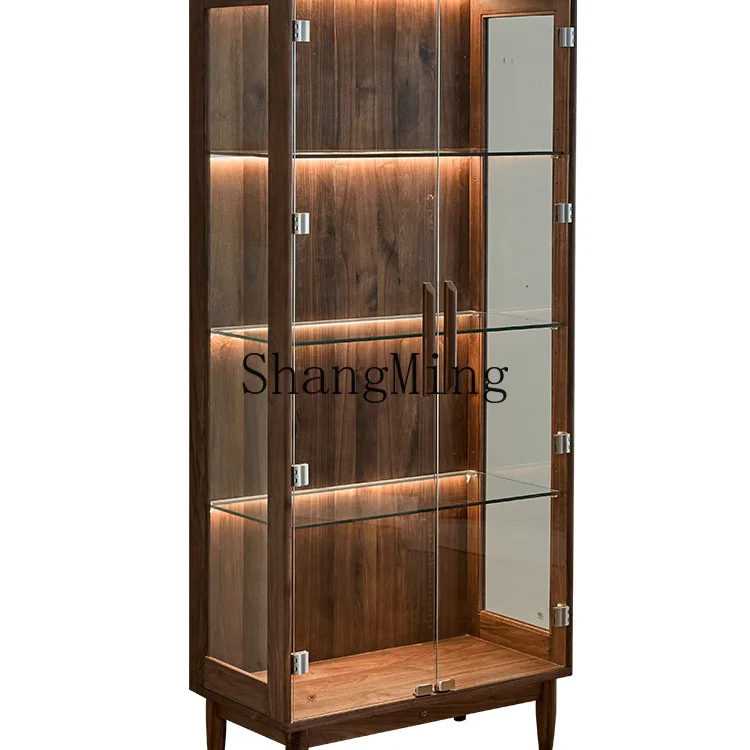 ZYY solid wood wine cabinet living room wall display cabinet modern simple black walnut storage bookshelf