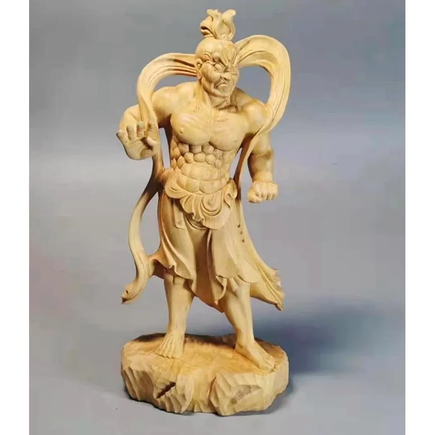 2 Pcs Boxwood Carved Chinese Marshals Heng Ha Statue Ferocious Gigantic Guardian