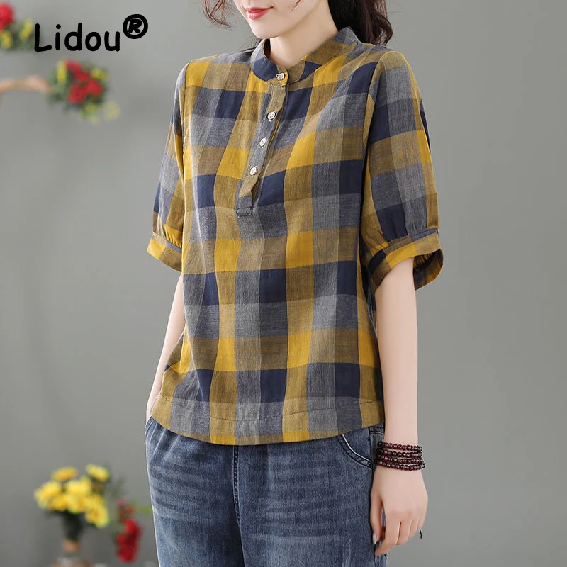 Women\'s Clothing 2023 Summer Retro Plaid Cotton Shirt Fashion Stand Collar Short Sleeve Loose Blouse Simple Casual Pullover Tops