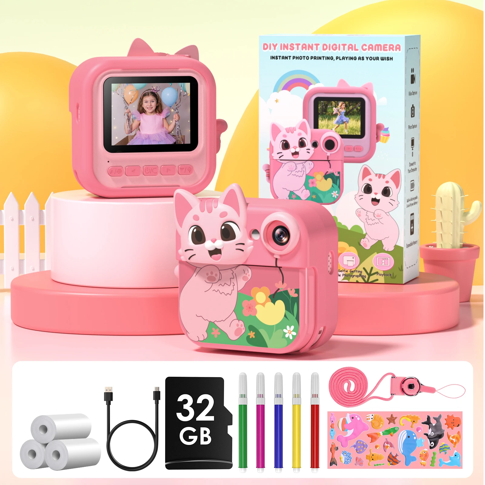 Gofunly 2,4-Zoll-Sofortbildkamera für Kinder, 1080P HD-Digital-Sofortbildkamera mit 32 GB Karte und 5 Farbstiften, Sofortbildkamera für