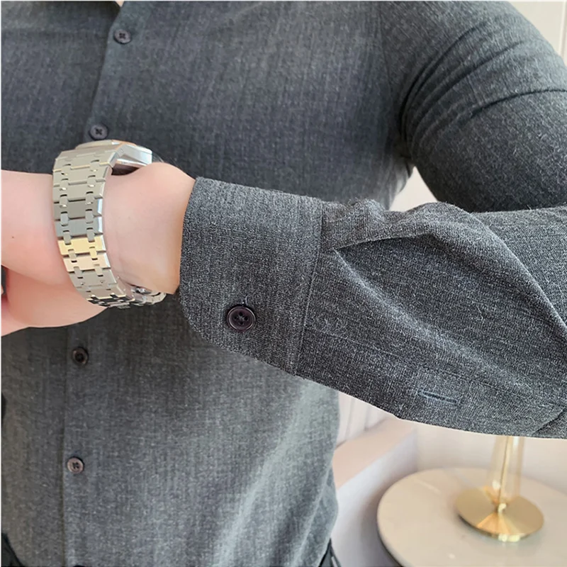 British Style Luxury Solid Dress Slim Fit Shirts Men Long Sleeve Business Simple Casual Shirt Formal Social Club Party Shirt