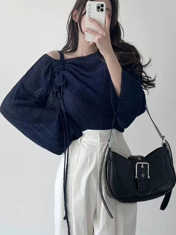 

oulder Bared Dstring Складной вязаный топ ort Sle Внутренняя одежда Slim Fit Ремень Комплект из двух предметов Летний солнцезащитный крем Полиэстер L...