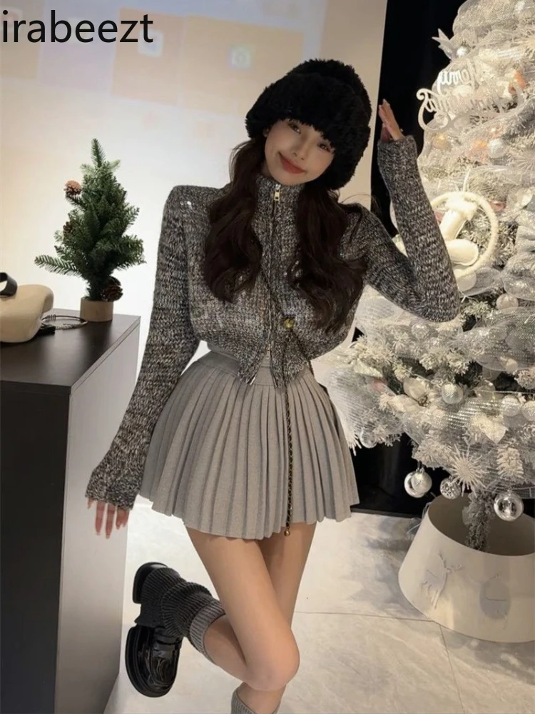 Korean Style Elegant Fashion Suit for Women Autumn and Winter New High-grade Turtleneck Sequin Sweater + Thin Pleated Skirt Set