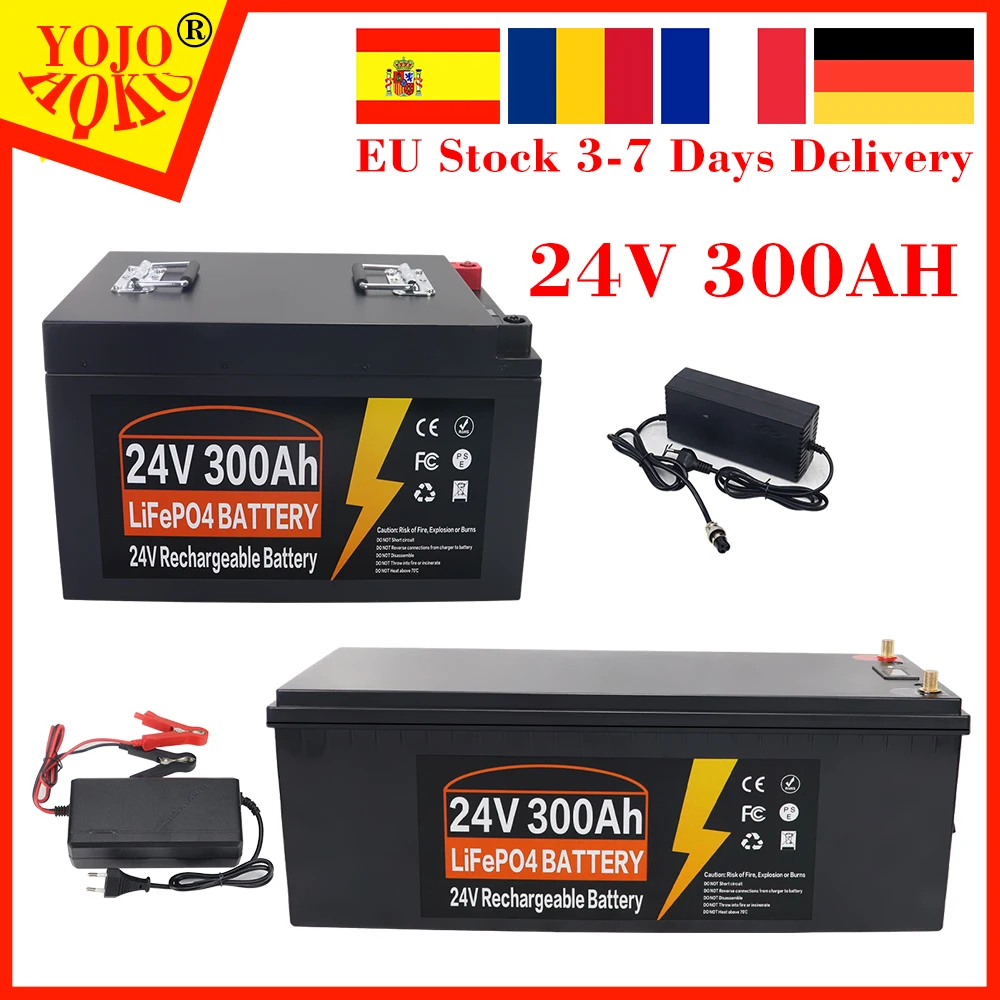 24V 300AH LiFePO4 Cells Built-in BMS Lithium Iron Phosphate Battery Pack 8000 Cycles For RV Campers Golf Cart Solar With Charger