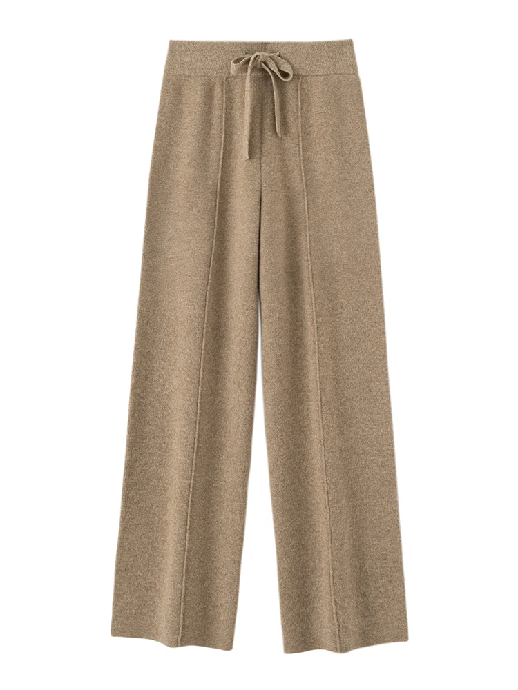 Autumn Winter Chic Women's 100% Merino Wool Casual Loose Soft Thick Trousers Elastic Waist Solid Color Knitted Wide-Leg Pants
