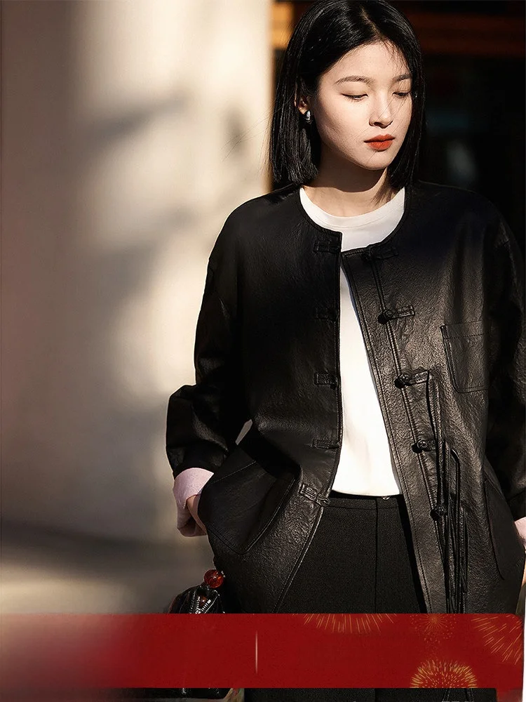 

Xiao Han Ge Spring 2026 New Chinese Sle Soft Luxury Lightly Painted eepskin Leather Jaet Women's Coat Commute Sle