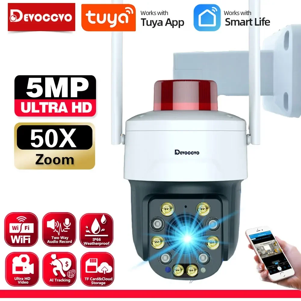 Tuya 5MP 50X 30X Zoom WiFi PTZ Camera Auto Tracking Outdoor Smart Life Wireless CCTV Security Surveillance Camera Two Way Audio