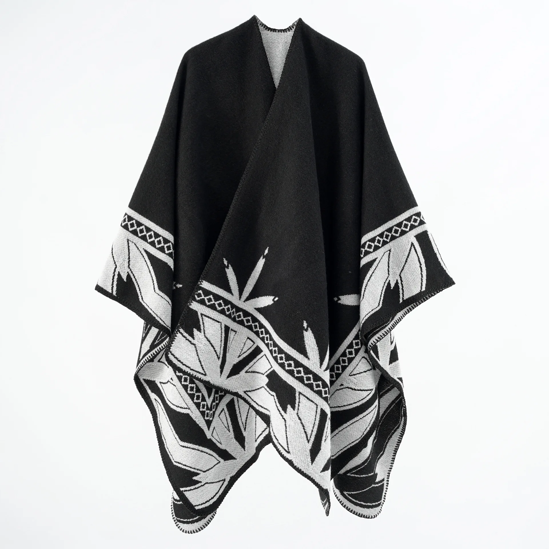 Autumn Winter New Geometric Stripe Pattern Imitation Cashmere Warm Casual Women Shawl Poncho Capes Lady Coat Black