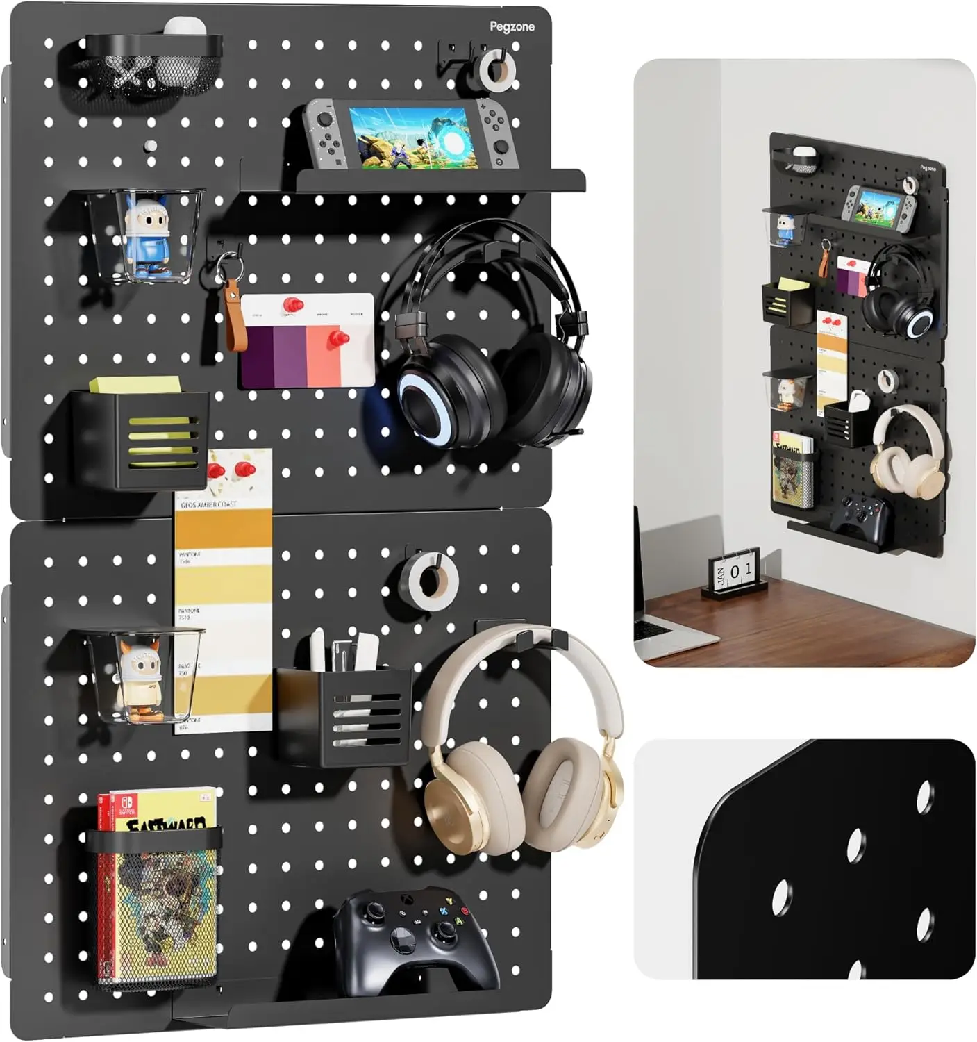 Pegboard Kit kombinasi pengatur dinding, keseluruhan papan Pegboard kantor logam 33.1 "x 20.5" dengan 19 aksesori, terpasang di dinding (2 buah, hitam)