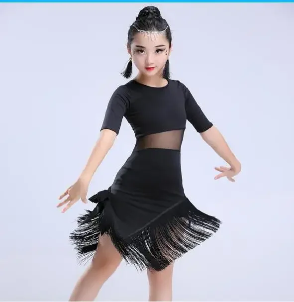 Vestido de baile latino para niñas, ropa de baile latino con flecos, disfraz de Salsa, vestidos de Tango de salón, negro y rojo, 1 unidad por lote