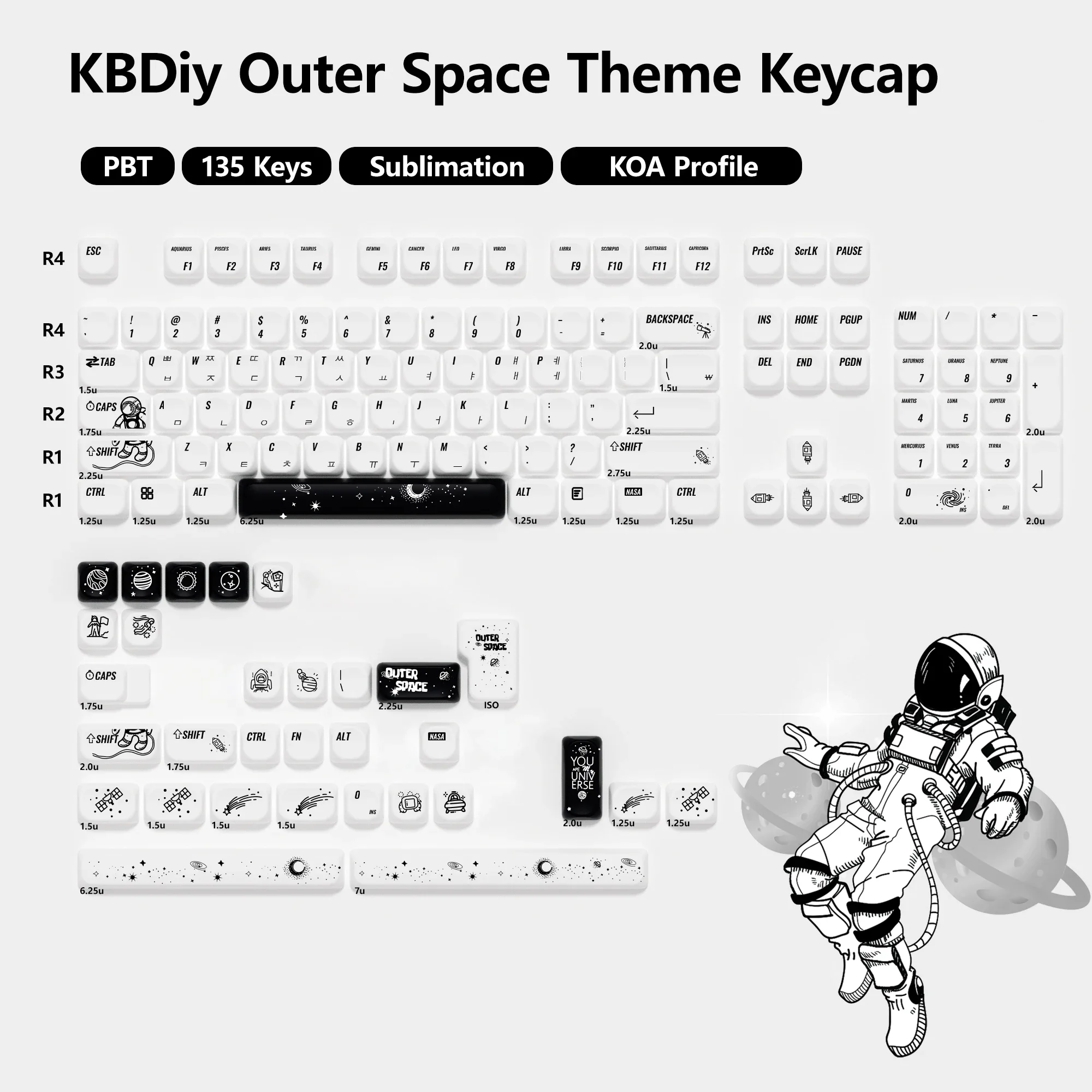 

KBDiy 138 Keys PBT Outer Space Keycaps for Mechanical Keyboard Gaming White Keycap Double Shot 7U ISO for GMK67 K500 aula F87 F1