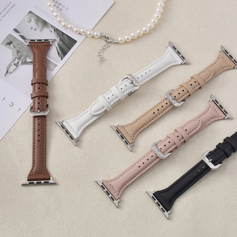 Slim Leather Watch Strap for Apple Watch Bracelet Compatible with Series 9/8/7/6/5/4/3 SE Women's 42mm 44mm 45mm 41mm 40mm 38mm