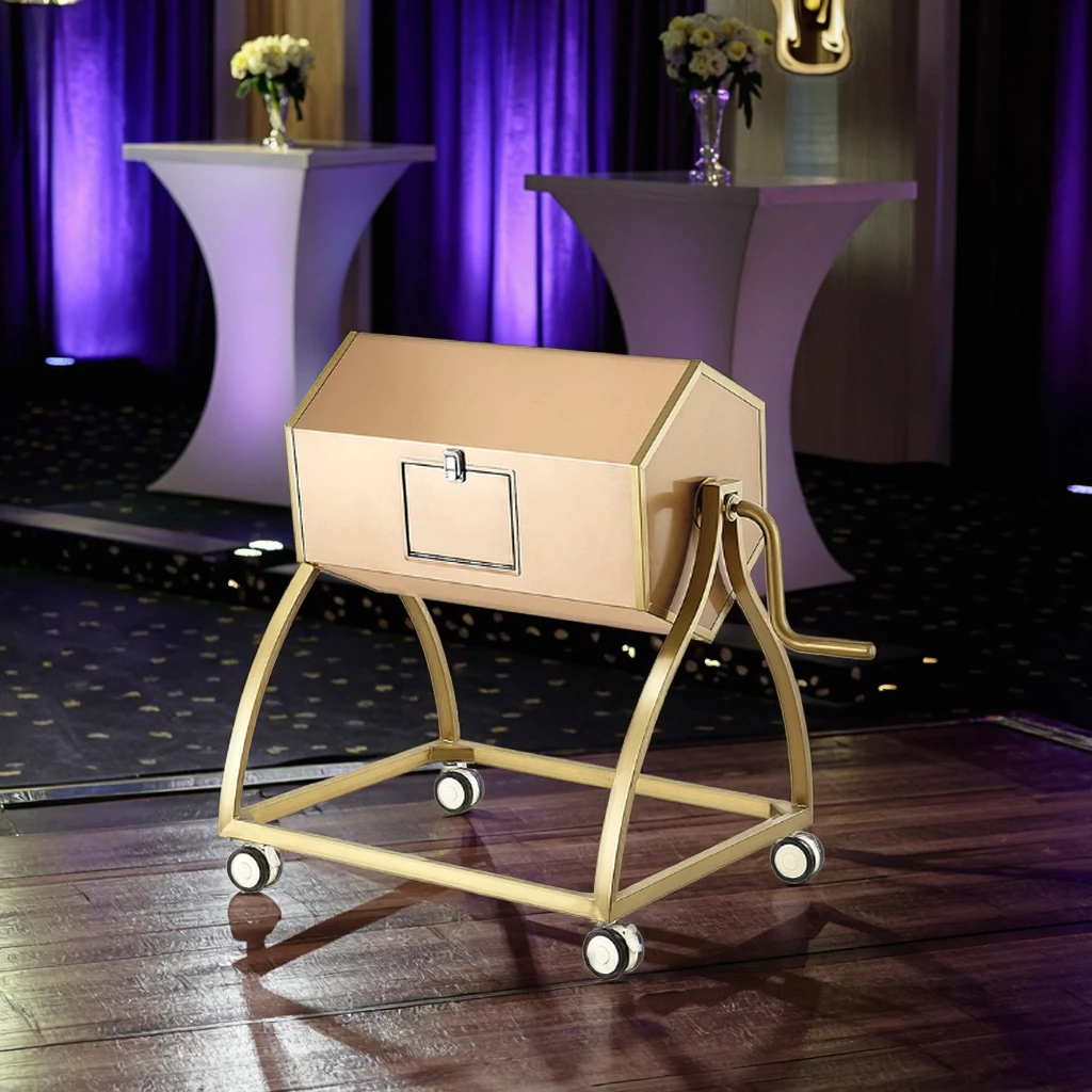 Gold Stainless Steel Draw Drum with Wheels - 4 Wheels Mobile Lottery Box Activity Draw Spinner