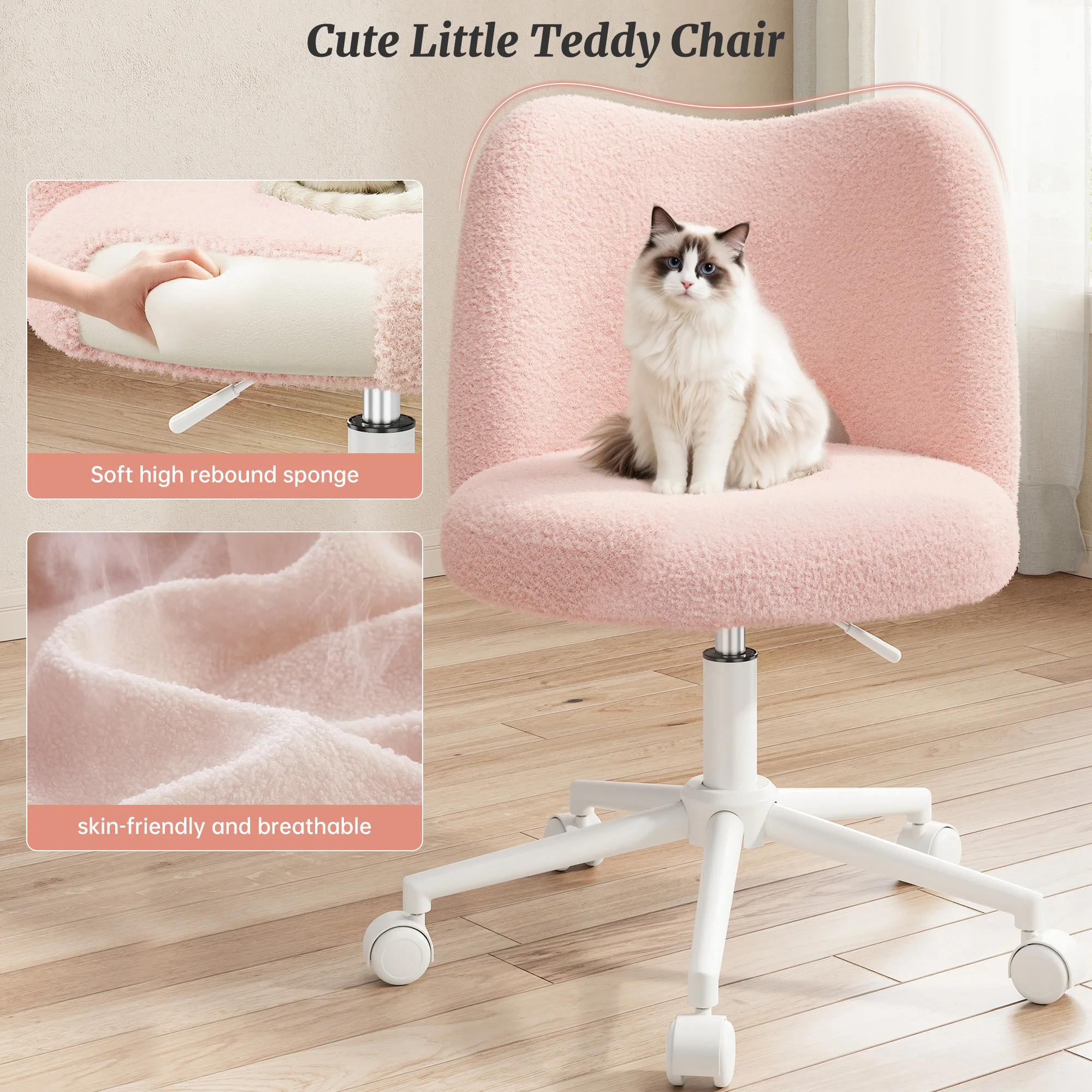EnHomee Small Vanity Chair with Silent Wheels Black Height Adjustable Cute Teddy Fleece Desk Chair for Bedroom Make-up Room Office