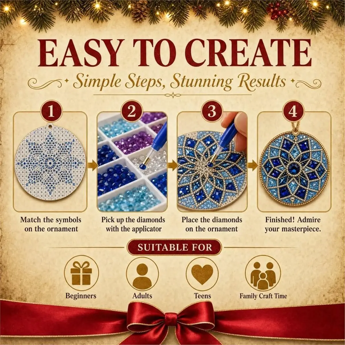 6Pcs Christmas Rhinestone Art Pendant Kit Crystal Beaded Craft for DIY Tree Ornament & Home Wall Decor