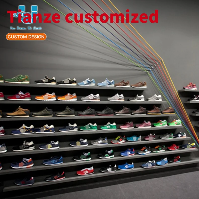 (customized)Commercial Chain Store Slat Wall Shoe Display Store Fixtures Slatwall Shoe Display U Fashion Shoe Shops