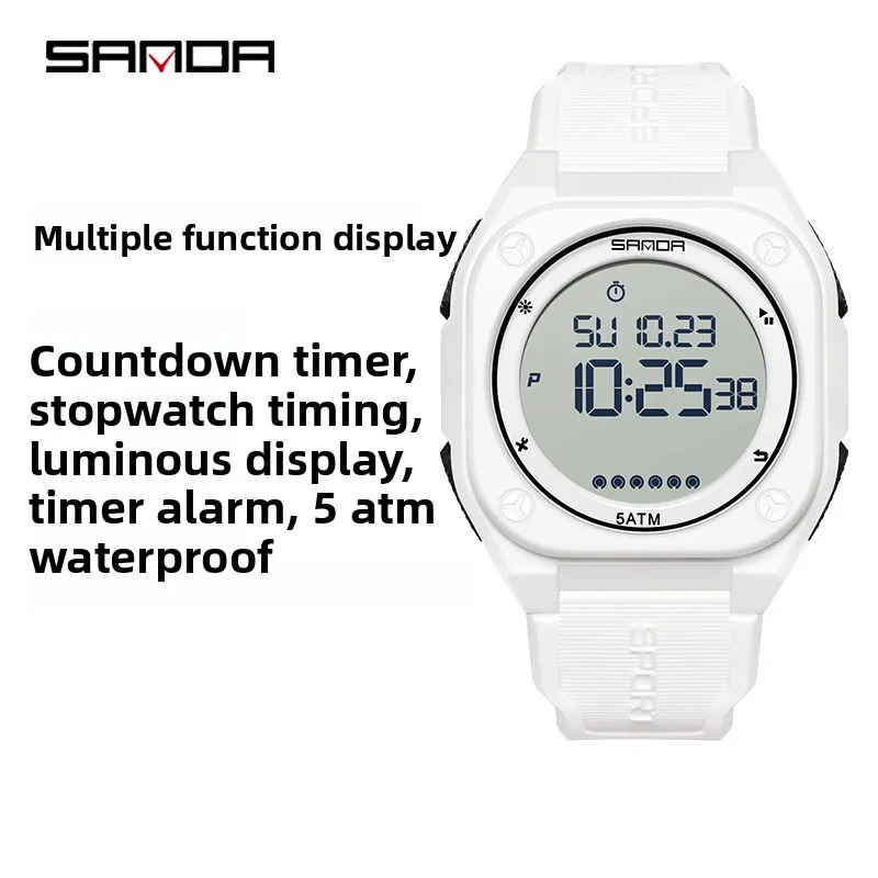 

SANDA 6303 многофункциональные спортивные электронные часы 5 атм водонепроницаемый ночник будильник, секундомер с воскресным датой, студенческие часы
