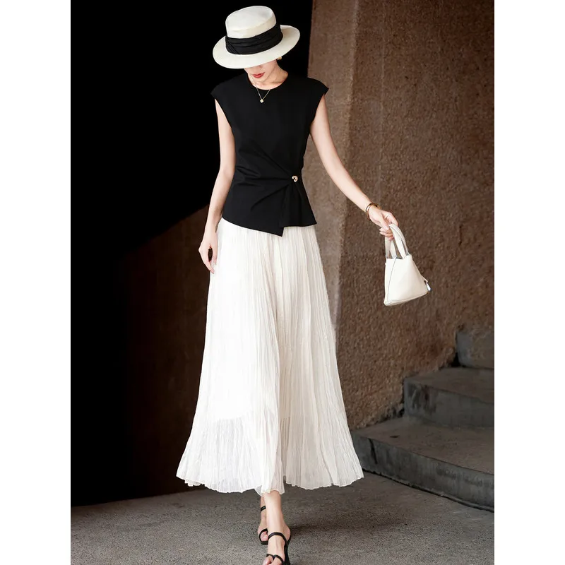 MEXCOCO Spring Summer New Elegant Commuter Twist Irregular Top A-Line Flared Midi Skirt Two Piece Set Women Outfit