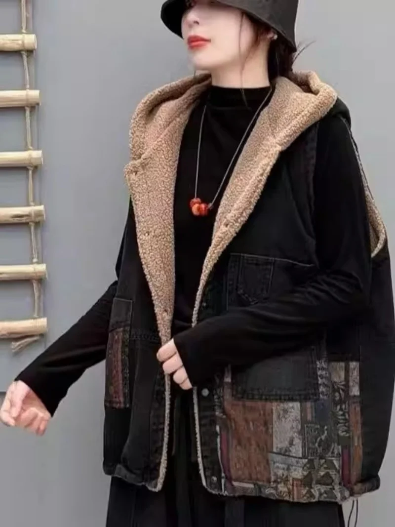 Winter Warm Women's Denim Vest- Fleece Lined Sleeveless Jacket with Hood, Loose Short Retro Print Coat, Casual Outerwear w1959
