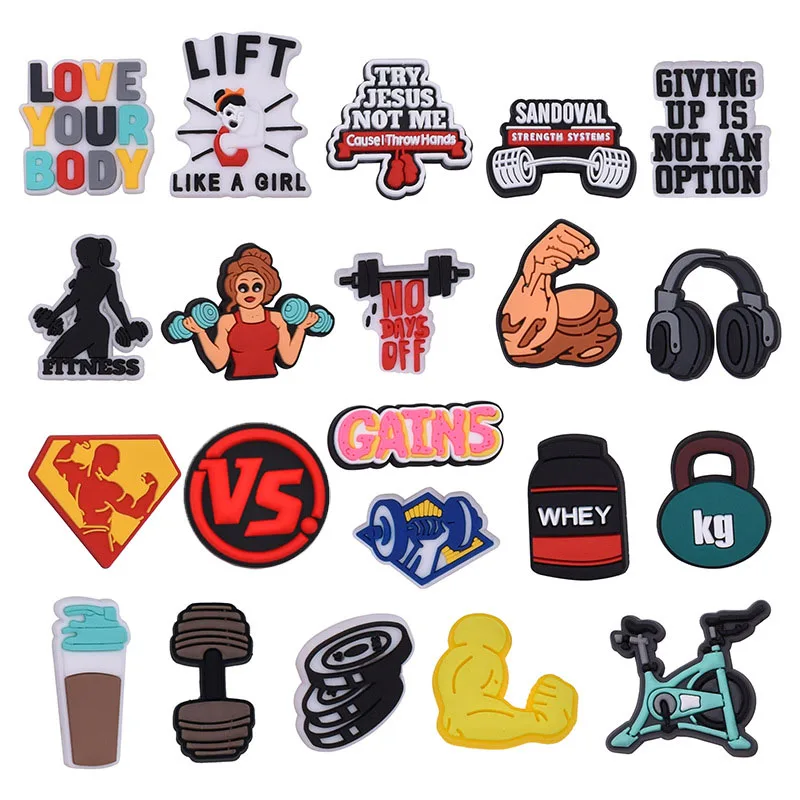 shoe Charms Accessories PVC fitness lift bottle dumbbell muscle buckles Decoration For clog sandals Girls Kids Party X-mas Gifts