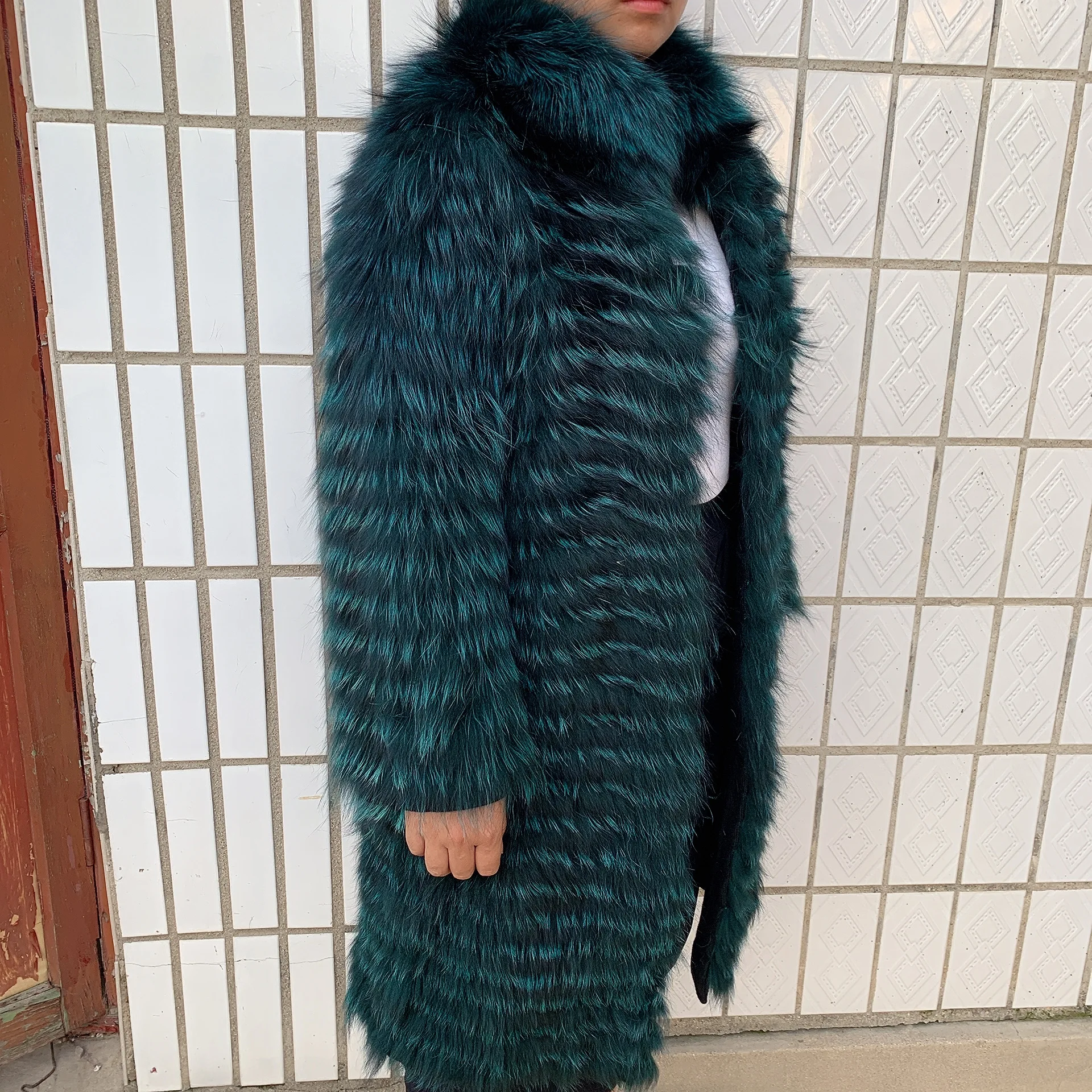 Natural silver fox fur knitted car strip fox fur coat green real fur knitted row strip fur coat stand-up collar fashion jacket