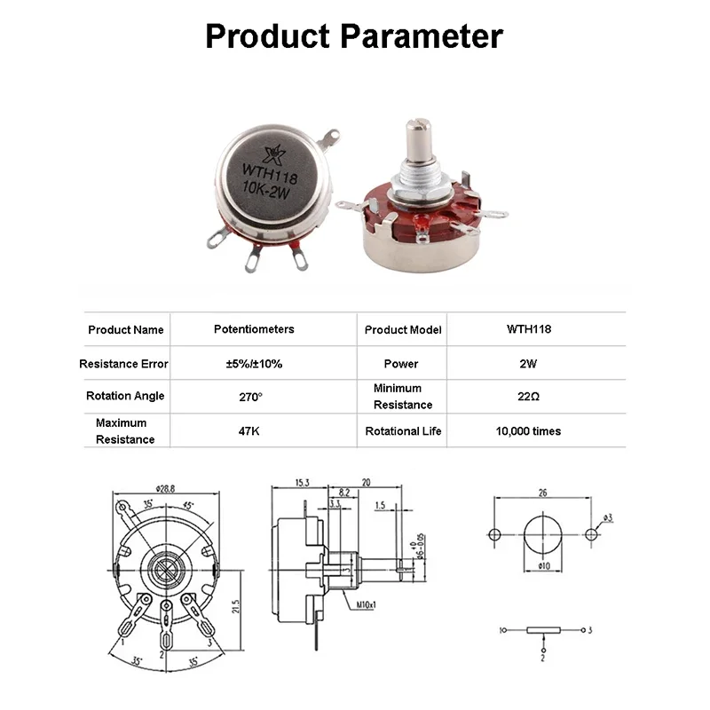 WTH118-1A 2W Single-Turn Carbon Film Potentiometer 470R 1K 2.2K 4.7K 5.1K 5.6K 10K 22K 33K 47K 100K 220K 330K 470K 500K 1M