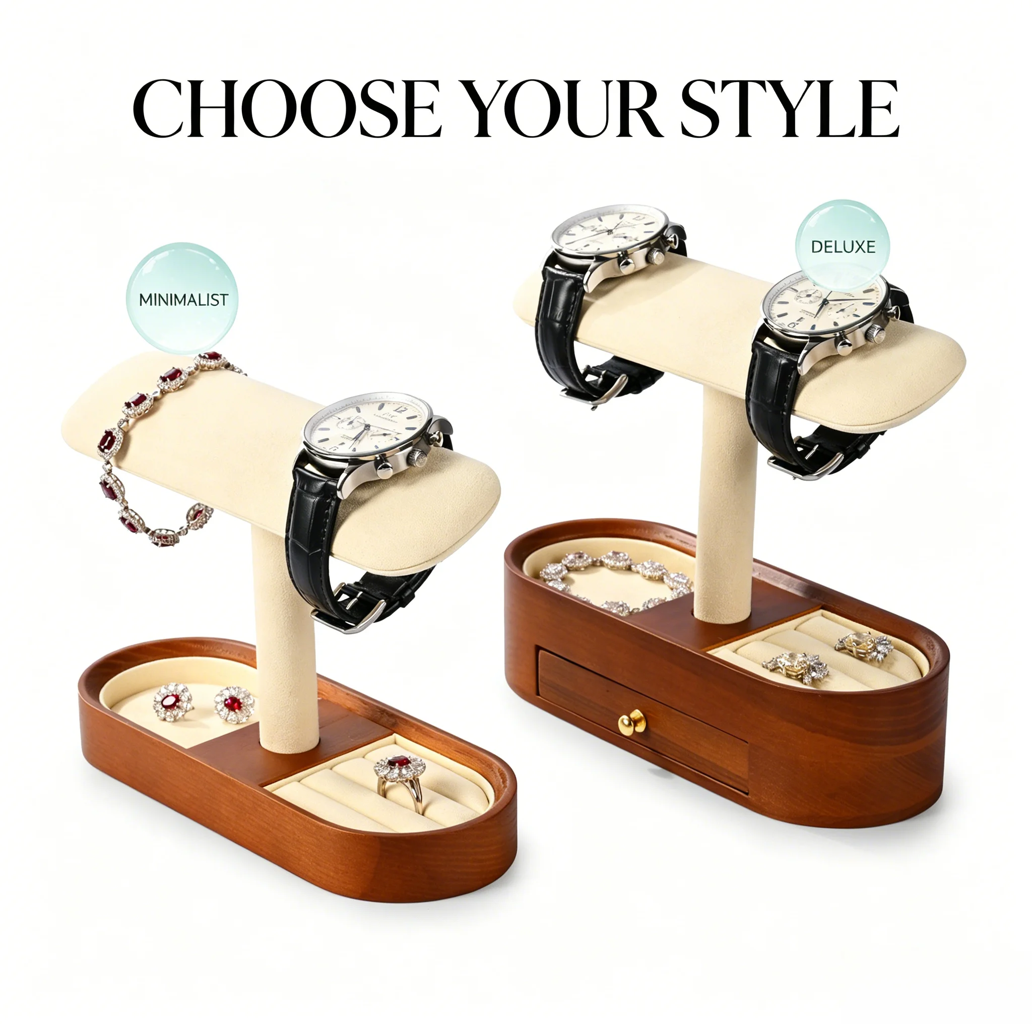 Oirlv Solid Wood T-Bar Watch Stand & Jewelry Display Rack Luxury Bracelet Holder Multifunctional Dresser Jewelry Storage Case