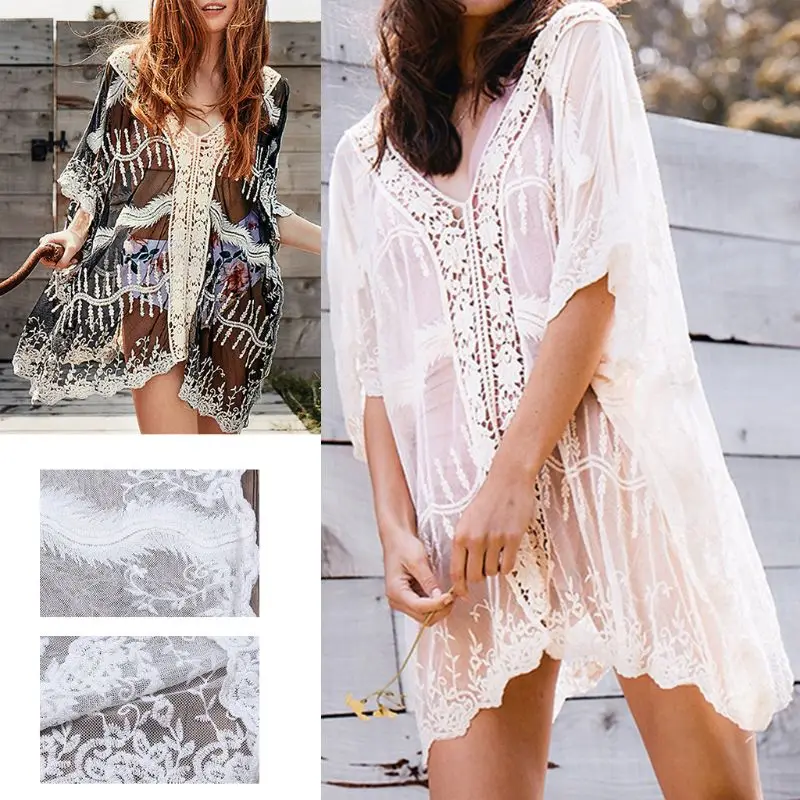 

Women Sexy Hollow Crochet Floral Lace Cover Up V-Neck Backless Pullover Tunic Tops Asymmetric See-Through Swimsuit Beach