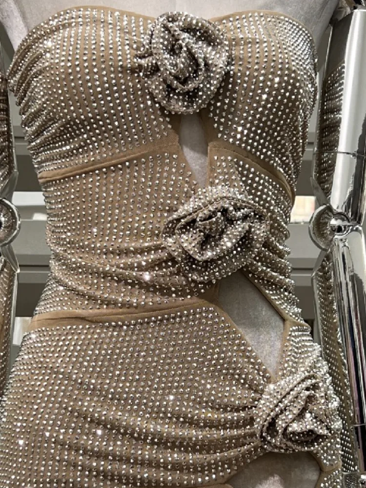 DFDG Women’s 2025 Party Dress Cut-out Strapless Heavy Embroidery Bodycon Y2K Sexy Dress 3D Floral Spring Summer Clubwear Dress